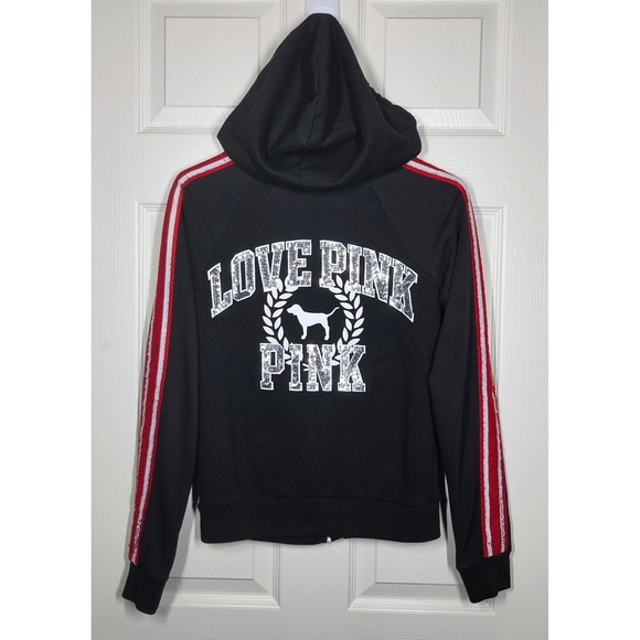PINK Victoria's Secret Tops - Victoria's Secret PINK Y2K LOVE PINK Sequined Dog Bling Zip Hoodie Black XS Rare